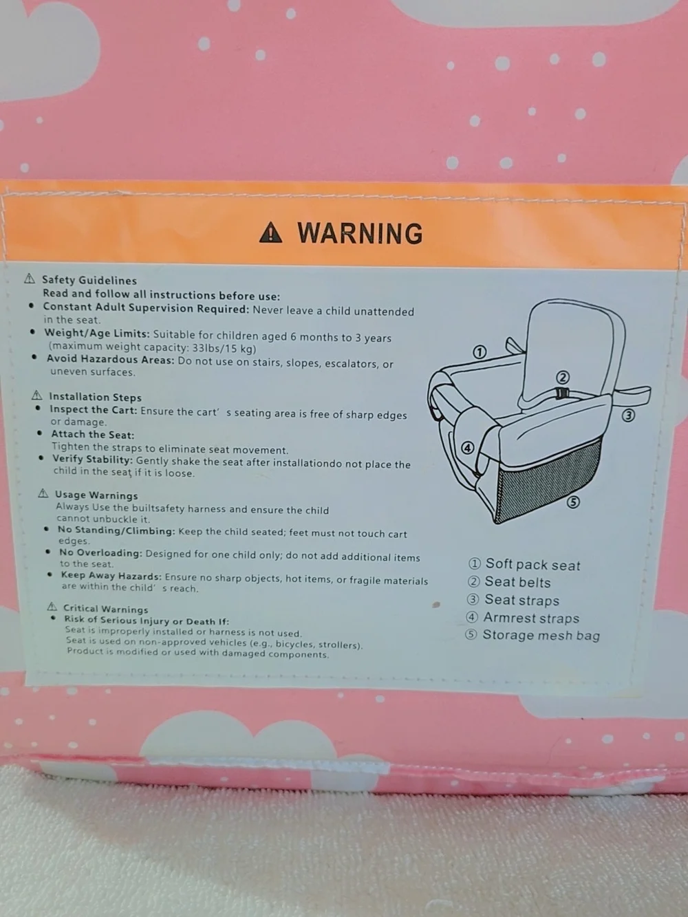 Pink Cloud Kids Travel Booster Seat with Safety Straps